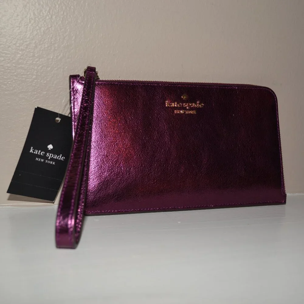 Kate Spade NY New Lucy Medium zip Dark Raspberry Metallic Leather Wristlet